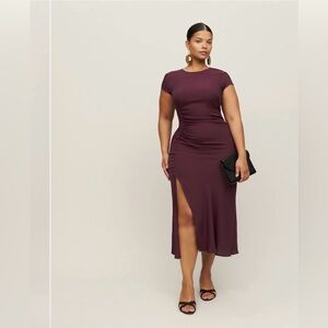 NWT Reformation Frasier Dress Prune Midi Short Cap Sleeve Button Crewneck Slit